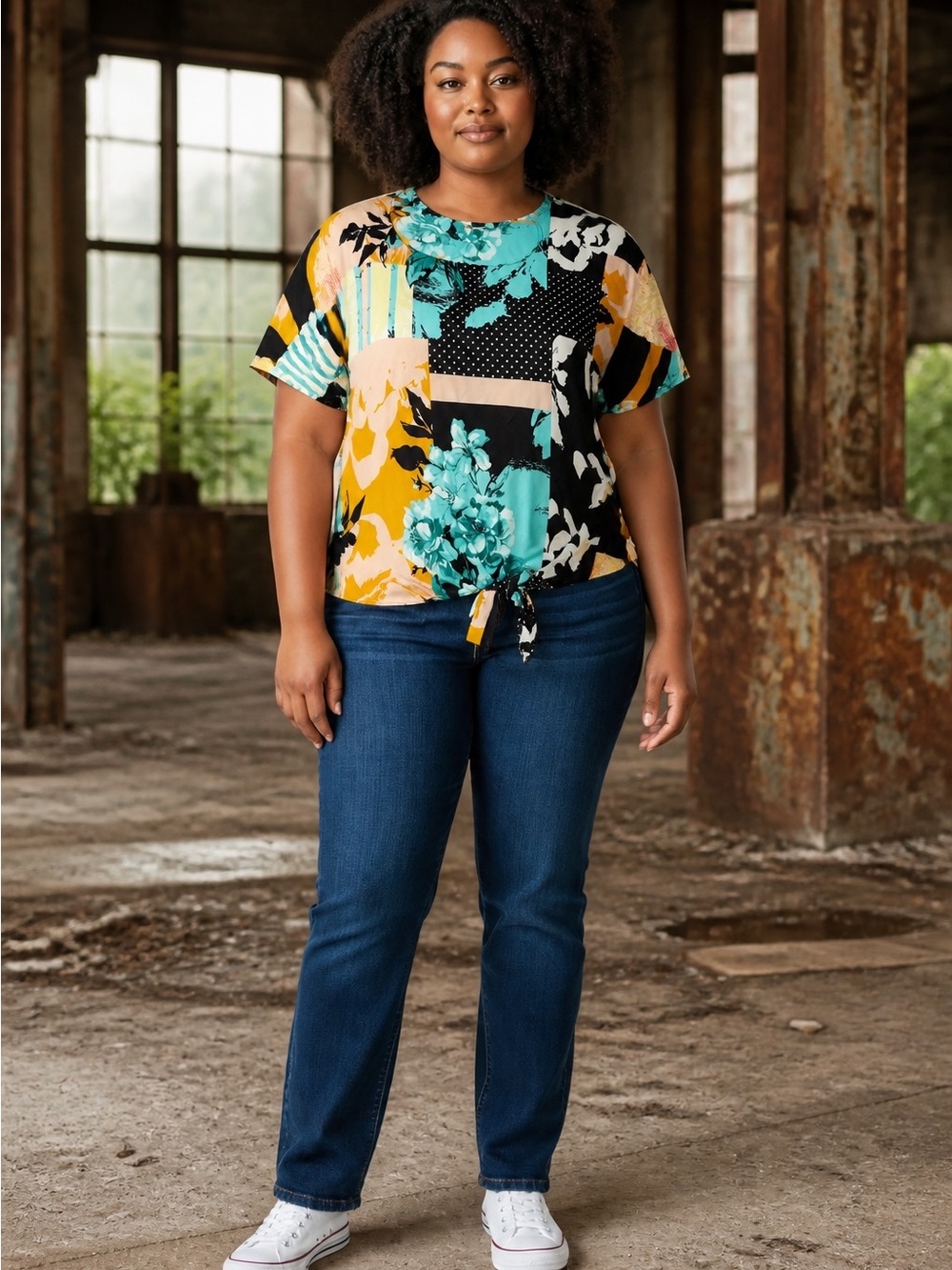 Colorblock Floral Tie-Front Blouse in Teal, Mustard & Black